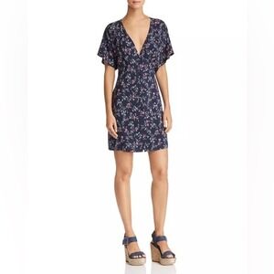 PAIGE Navy Floral Print V Neck Flutter Sleeve Wrap Dress Size S